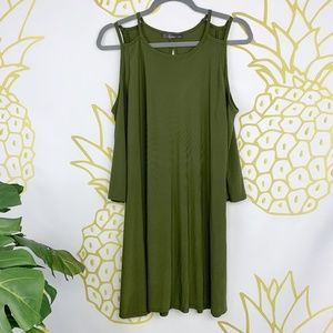 Pinc Army Olive Green Cold Shoulder Dress Women's L Stretchy Flowy Modest GUC!